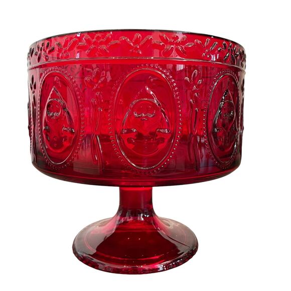 JINGLES & JOY Snowman Trifle Bowl Footed Serving Dish Embossed Holiday Red NEW - Picture 1 of 12